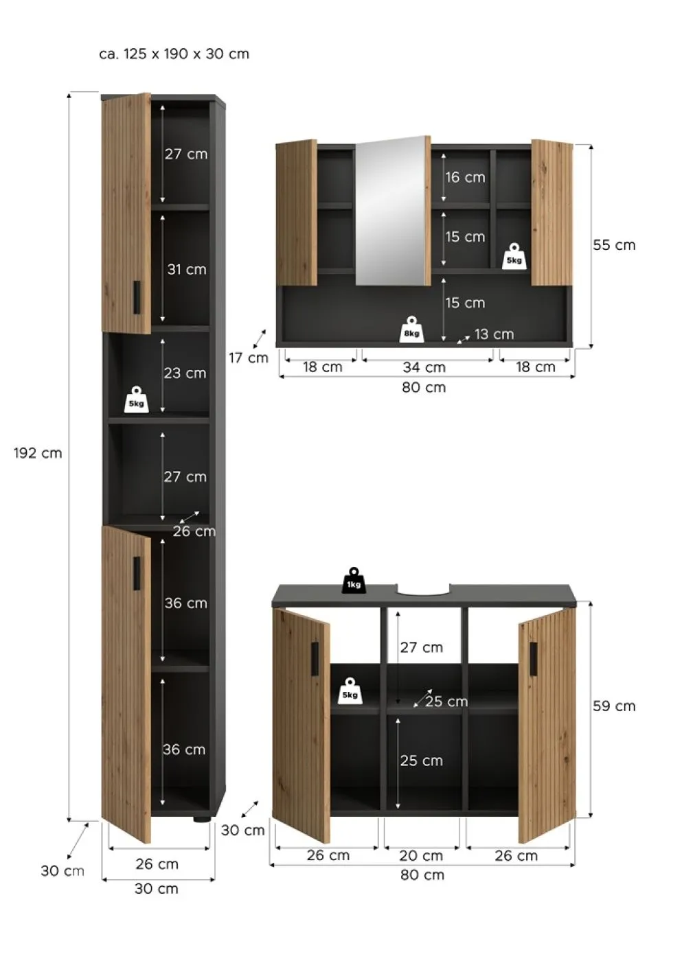 Bad Set Mone | 3-teilig | Basalt grau / Artisan Oak ohne Aufsatzleuchte