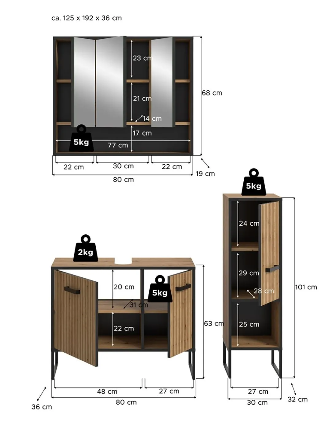 Badezimmer-Set Bagno 1 | Artisan Oak | 3-teilig mit Beleuchtung
