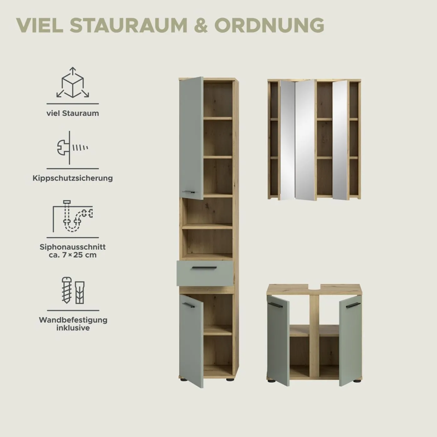 Badezimmer-Set Blake 1 | Salbei / Artisan Eiche | 3-teilig