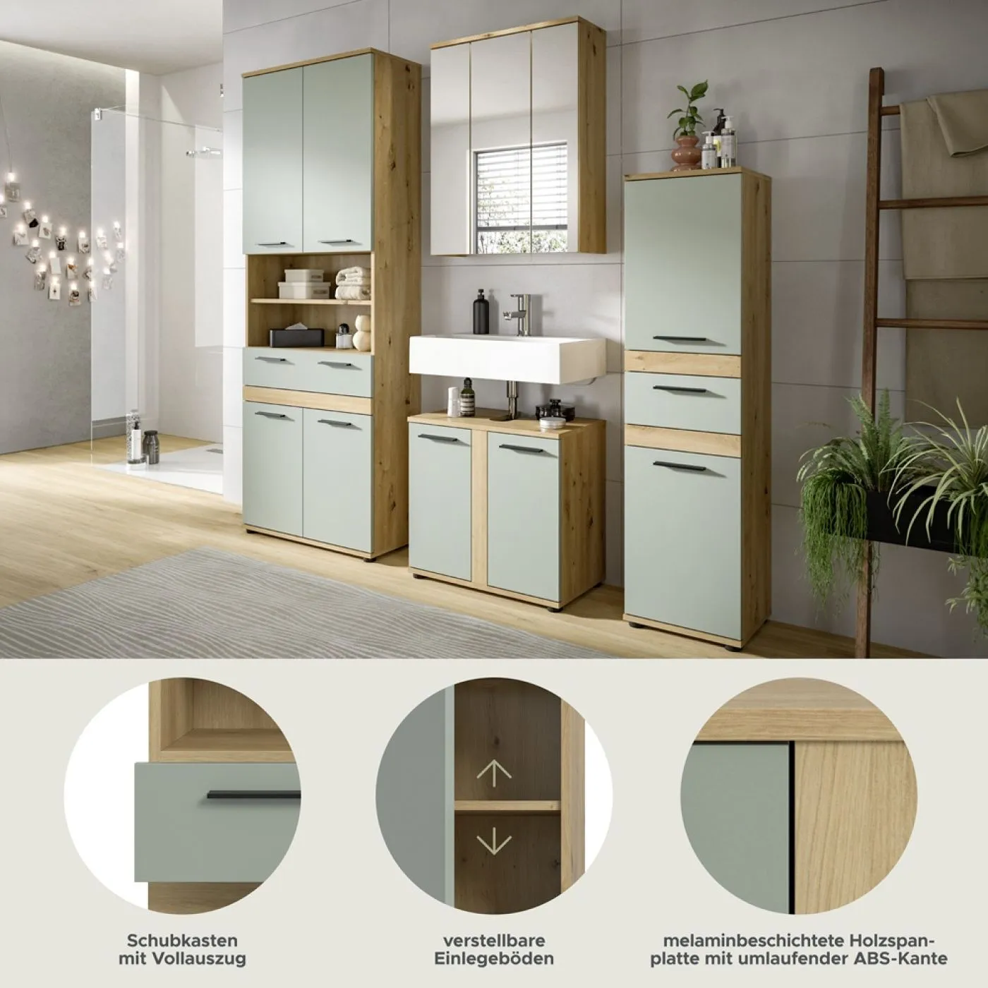 Badezimmer-Set Blake 1 | Salbei / Artisan Eiche | 4-teilig