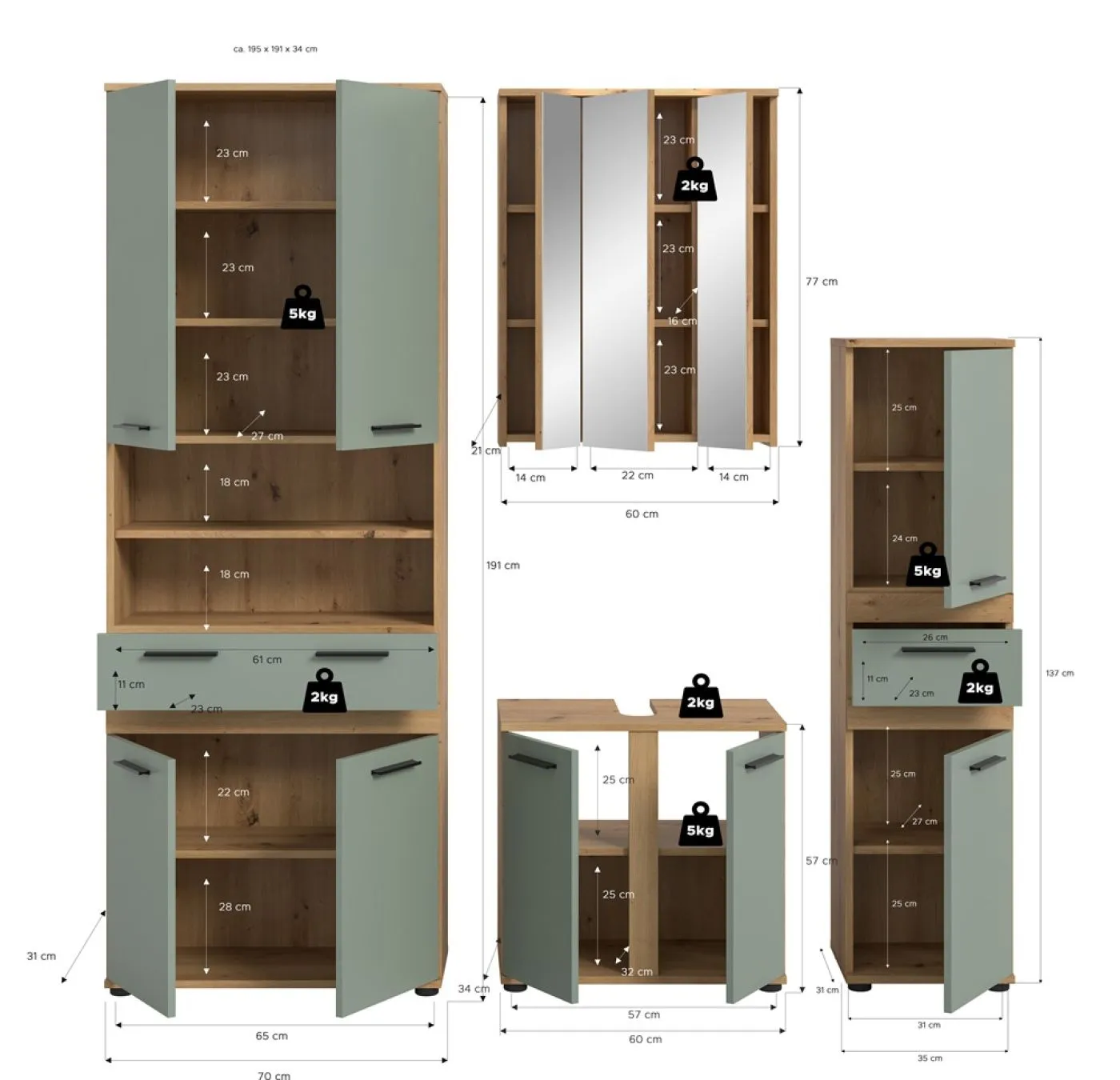Badezimmer-Set Blake 1 | Salbei / Artisan Eiche | 4-teilig mit Aufsatzleuchte