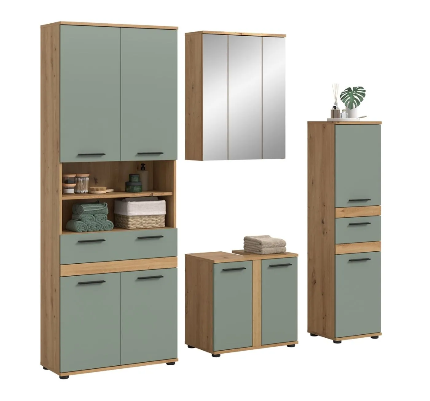 Badezimmer-Set Blake 1 | Salbei / Artisan Eiche | 4-teilig ohne Aufsatzleuchte