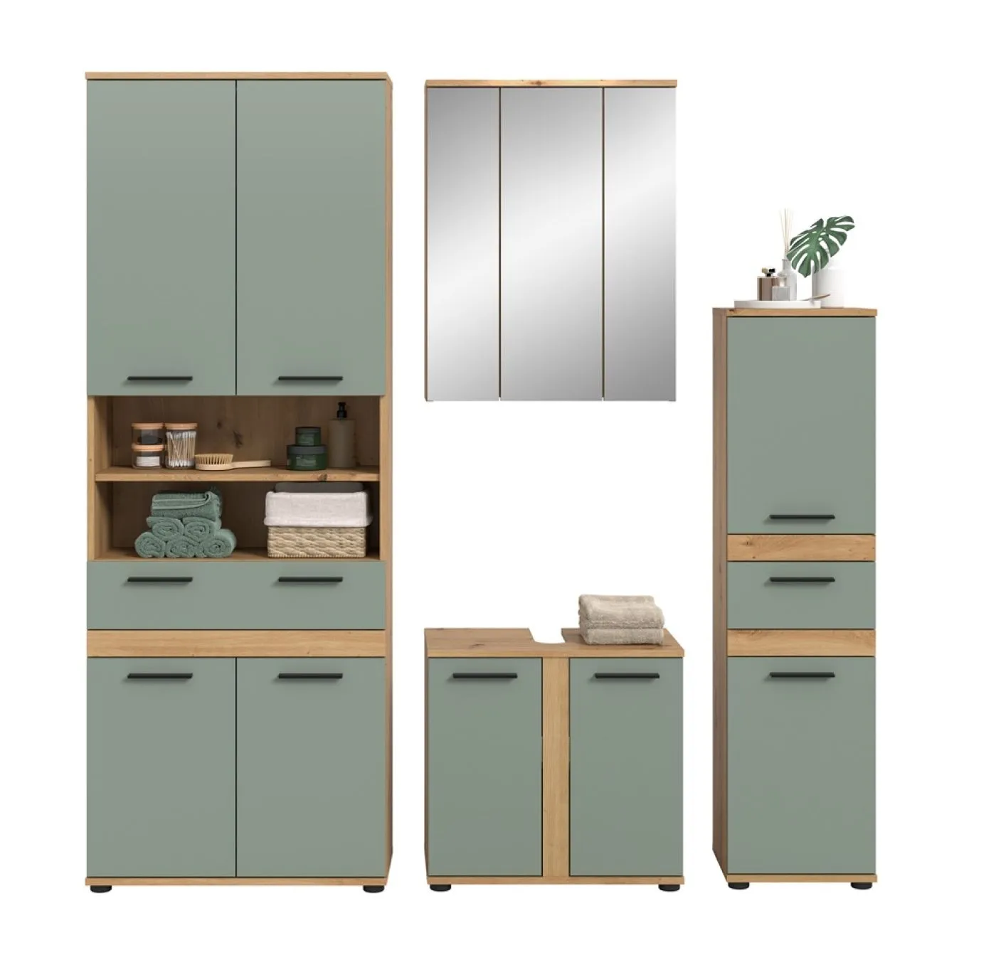 Badezimmer-Set Blake 1 | Salbei / Artisan Eiche | 4-teilig ohne Aufsatzleuchte