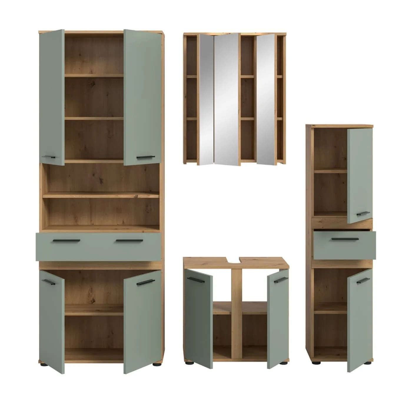 Badezimmer-Set Blake 1 | Salbei / Artisan Eiche | 4-teilig ohne Aufsatzleuchte