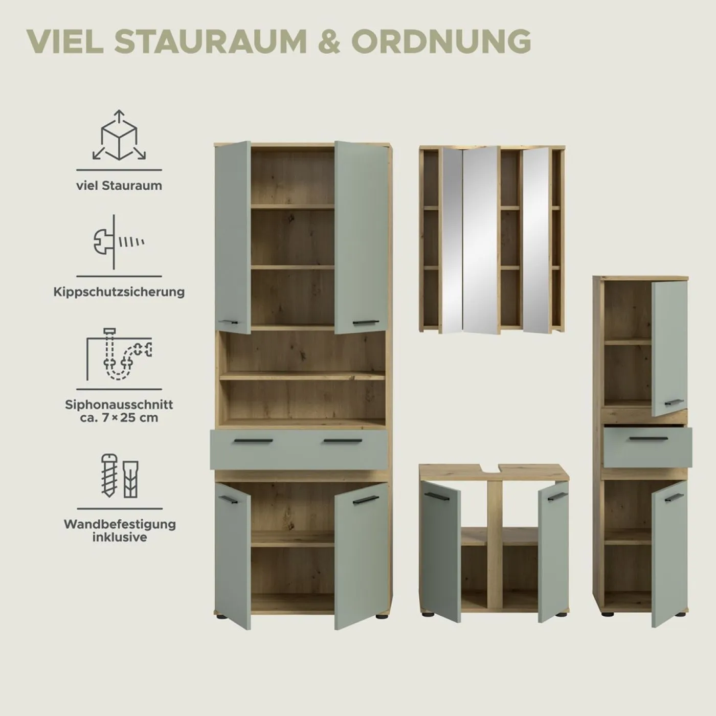 Badezimmer-Set Blake 1 | Salbei / Artisan Eiche | 4-teilig ohne Aufsatzleuchte
