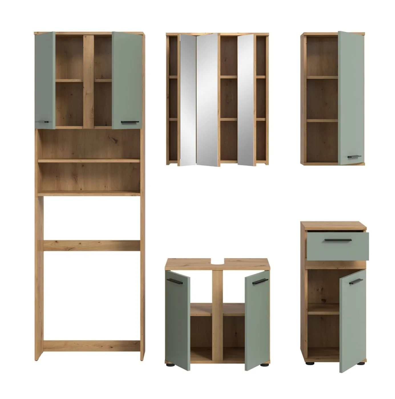 Badezimmer-Set Blake 1 | Salbei / Artisan Eiche | 5-teilig mit LED