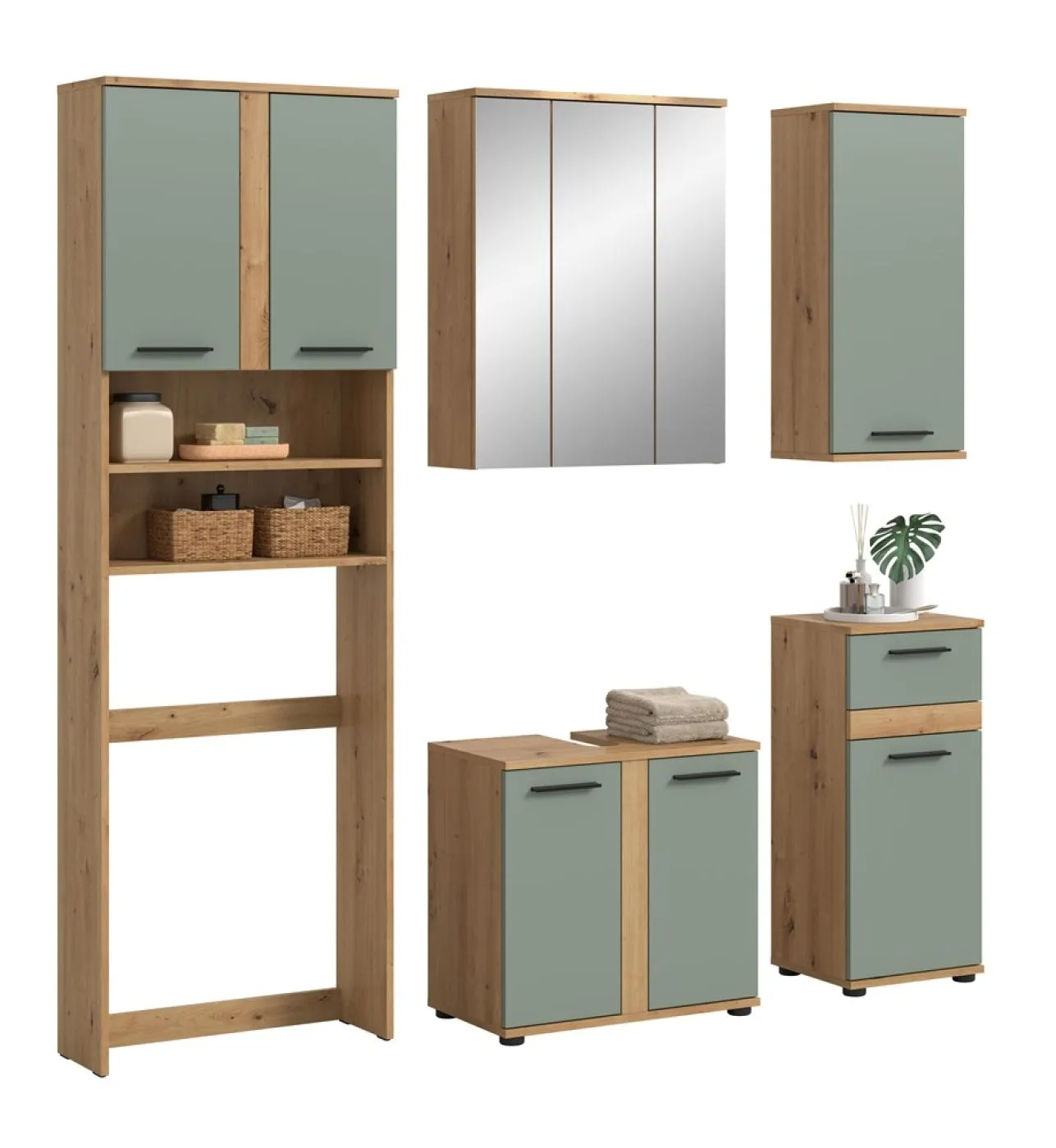 Badezimmer-Set Blake 1 | Salbei / Artisan Eiche | 5-teilig ohne Beleuchtung