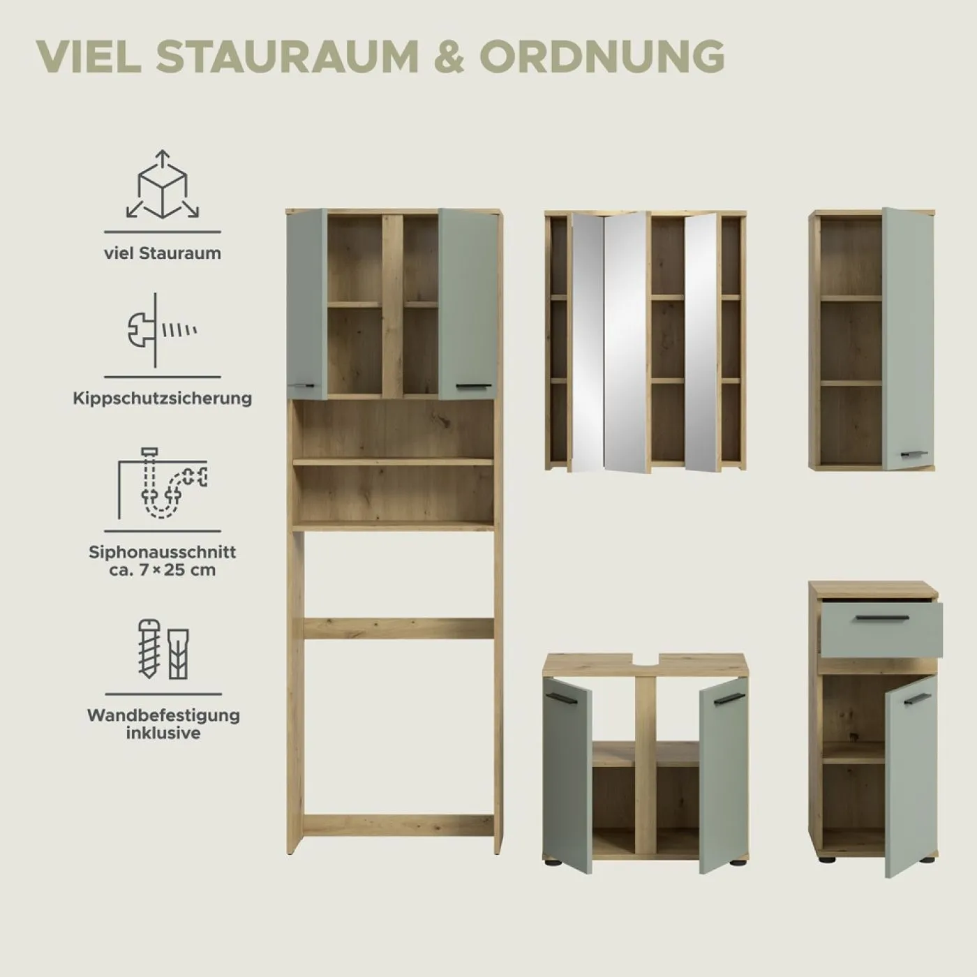 Badezimmer-Set Blake 1 | Salbei / Artisan Eiche | 5-teilig ohne Beleuchtung