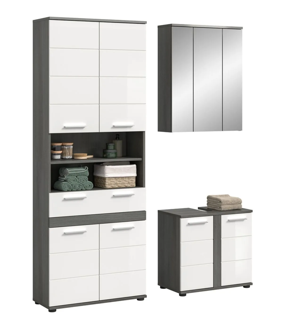 Badezimmer-Set Blake 1 | weiß Hochglanz / rauchsilber | 3-teilig mit Aufsatzbeleuchtung