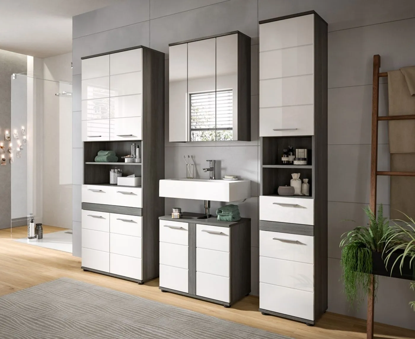 Badezimmer-Set Blake 1 | weiß Hochglanz / rauchsilber | 3-teilig mit Aufsatzbeleuchtung