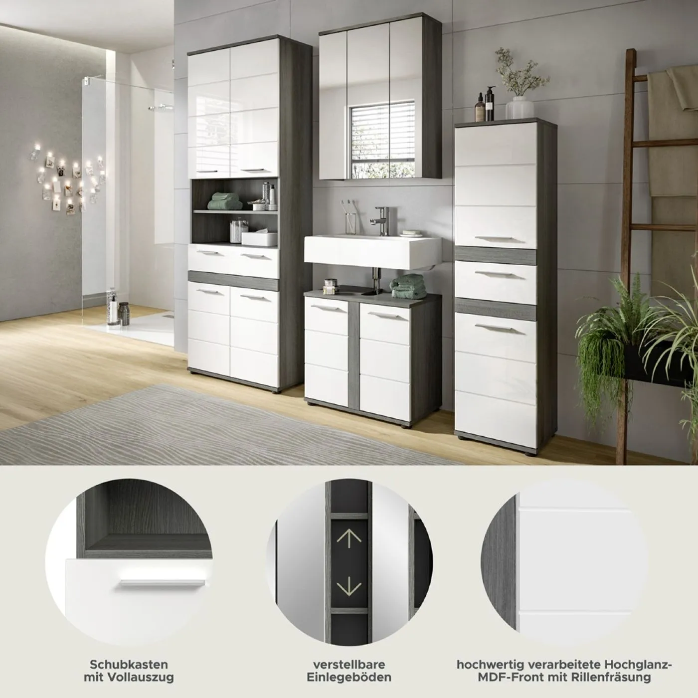 Badezimmer-Set Blake 1 | weiß Hochglanz / rauchsilber | 4-teilig mit LED