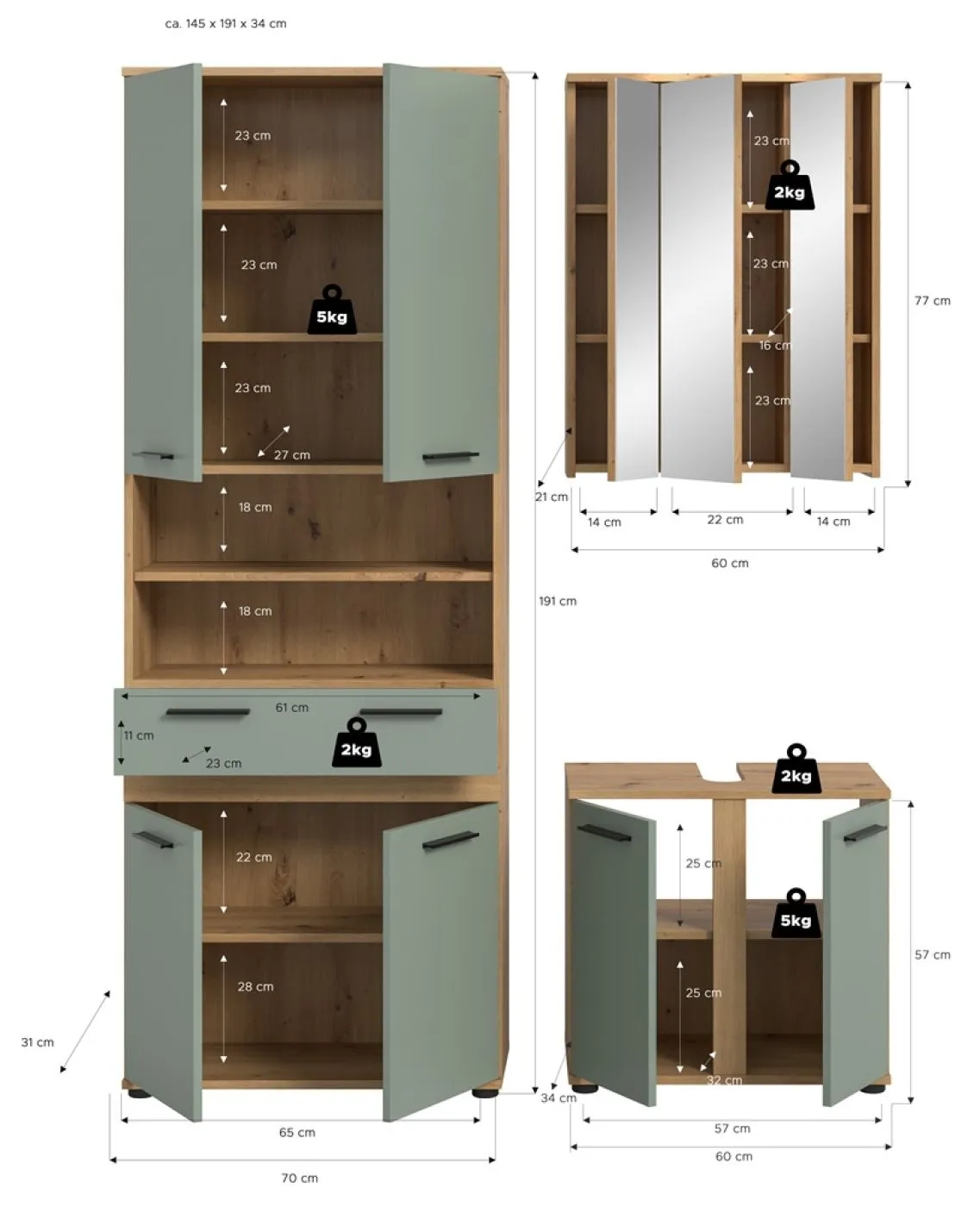 Badezimmer-Set Blake 2 | Salbei / Artisan Eiche | 3-teilig mit LED