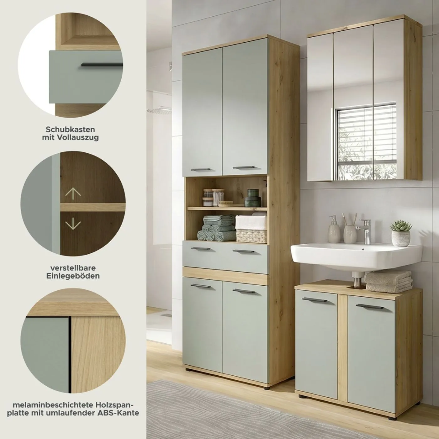 Badezimmer-Set Blake 2 | Salbei / Artisan Eiche | 3-teilig mit LED