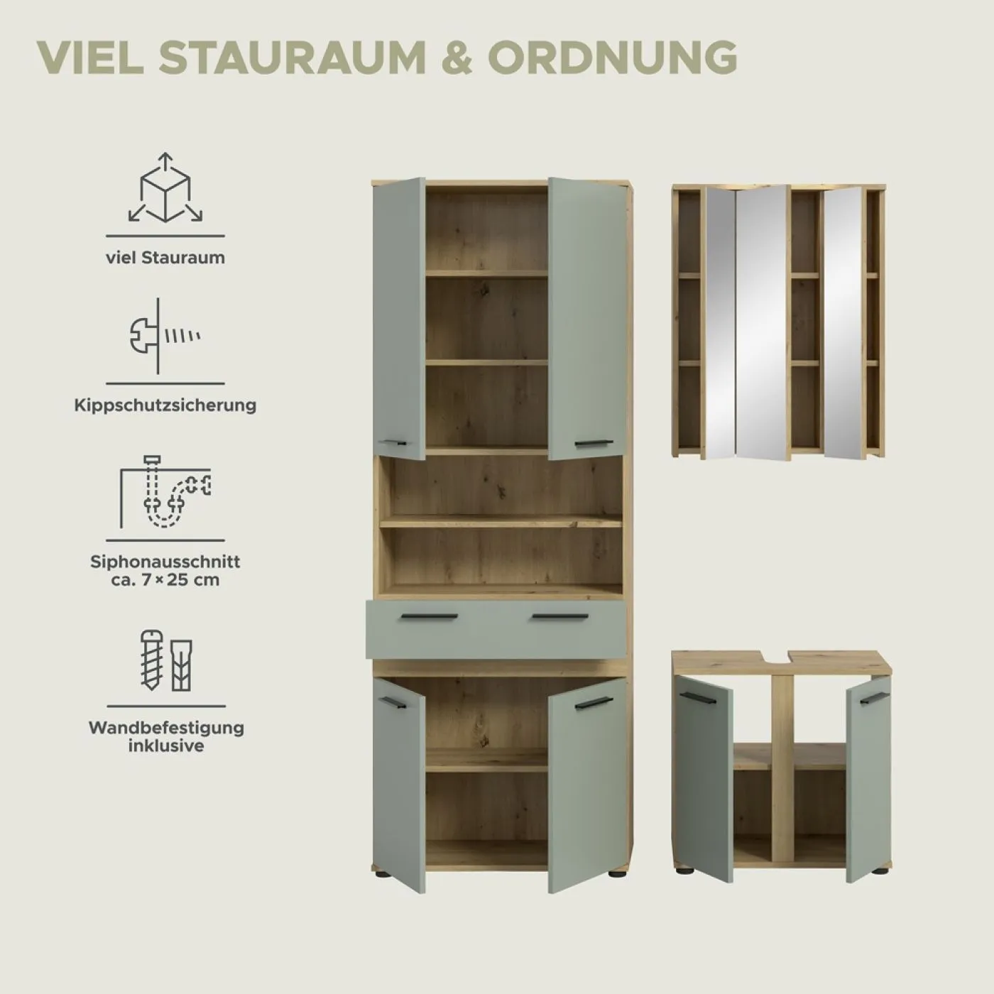 Badezimmer-Set Blake 2 | Salbei / Artisan Eiche | 3-teilig mit LED