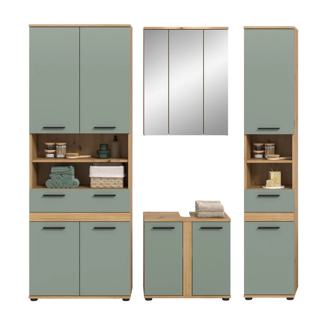 Badezimmer-Set Blake 2 | Salbei / Artisan Eiche | 4-teilig ohne Aufsatzleuchte