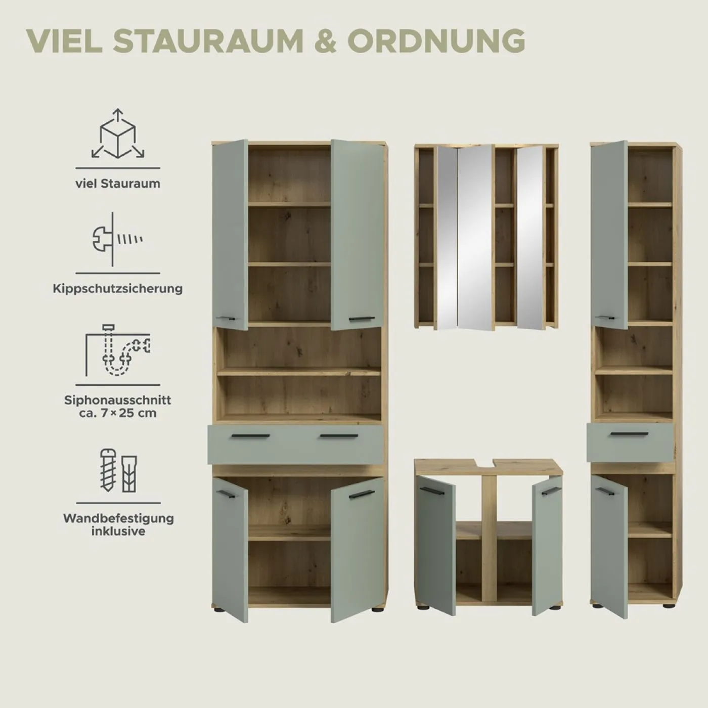 Badezimmer-Set Blake 2 | Salbei / Artisan Eiche | 4-teilig ohne Aufsatzleuchte