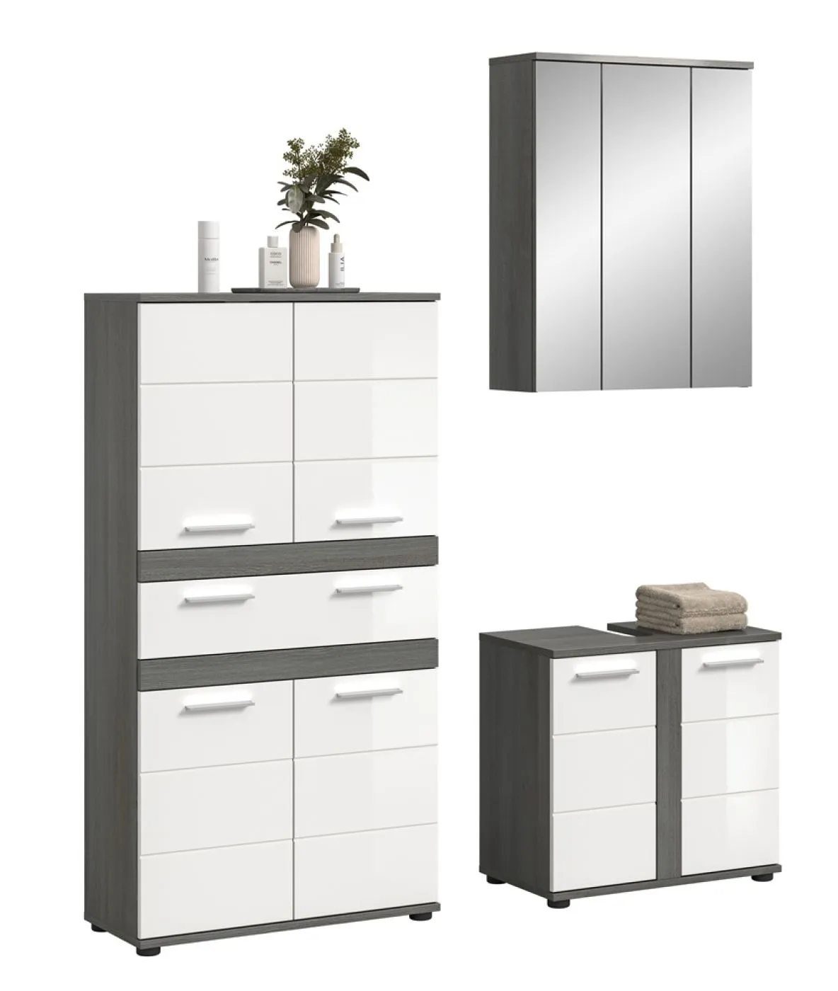 Badezimmer-Set Blake 2 | weiß Hochglanz / rauchsilber | 3-teilig mit LED