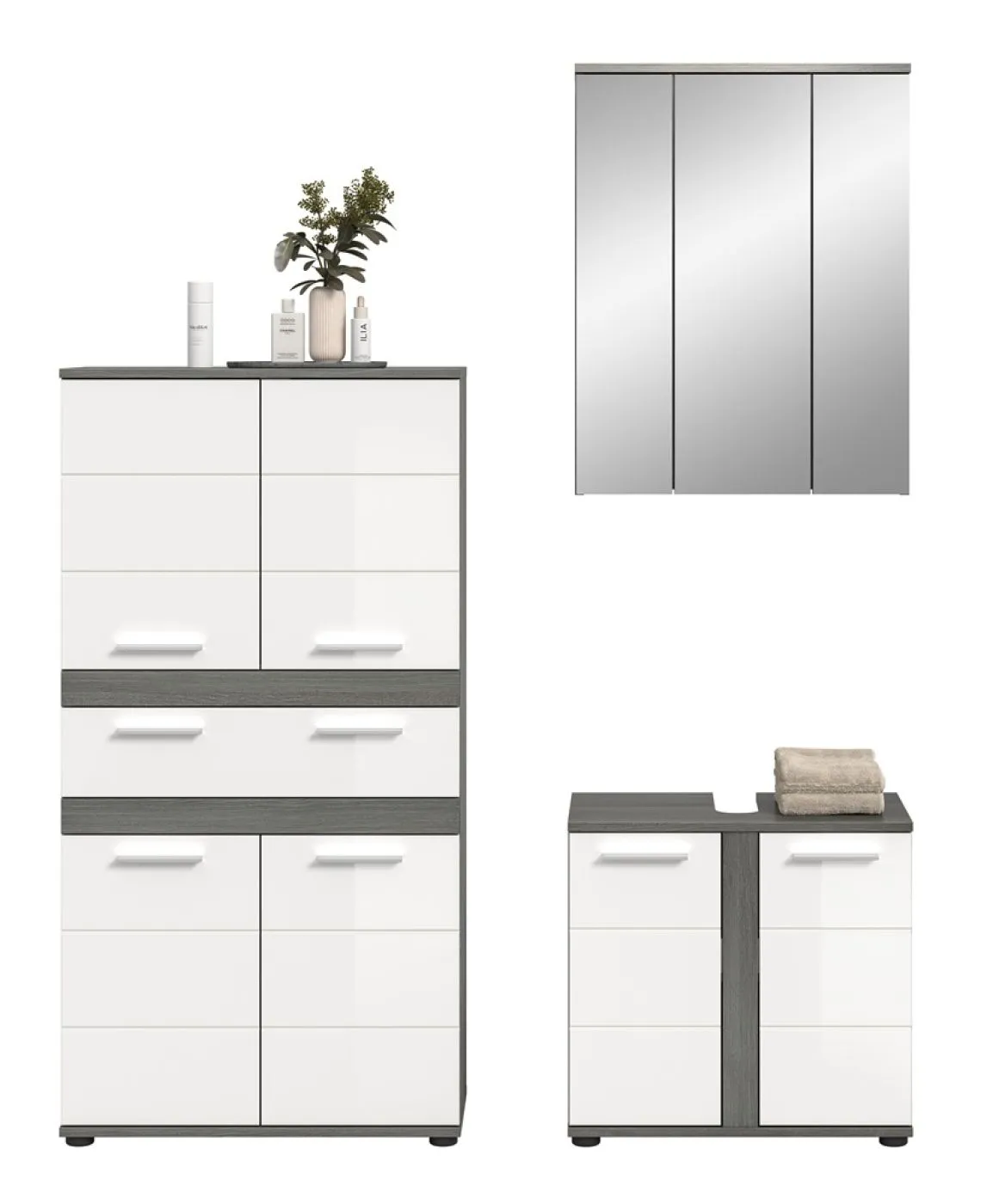 Badezimmer-Set Blake 2 | weiß Hochglanz / rauchsilber | 3-teilig ohne Beleuchtung