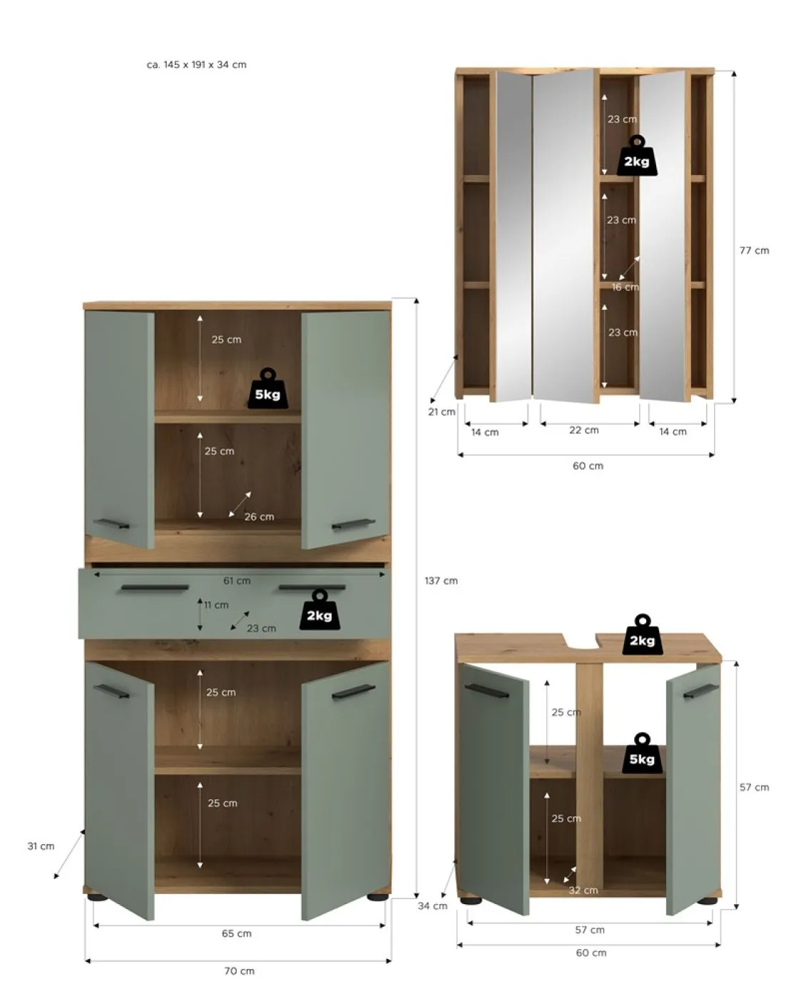 Badezimmer-Set Blake 3 | Salbei / Artisan Eiche | 3-teilig