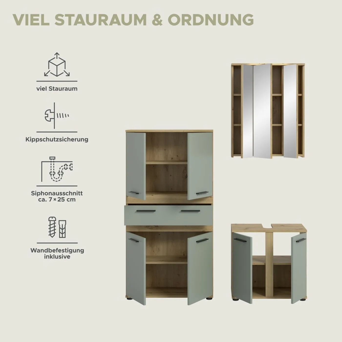 Badezimmer-Set Blake 3 | Salbei / Artisan Eiche | 3-teilig mit LED