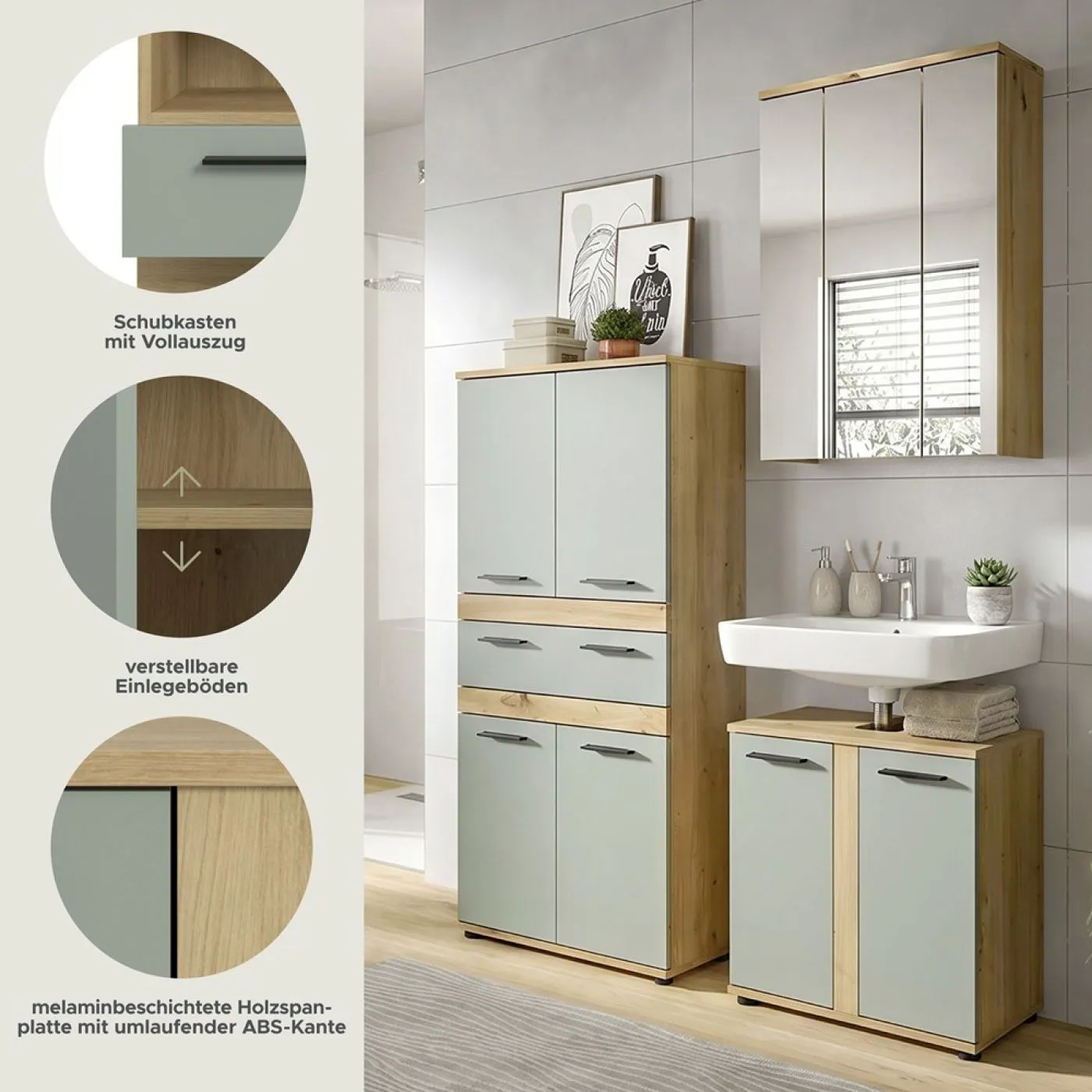 Badezimmer-Set Blake 3 | Salbei / Artisan Eiche | 3-teilig ohne Beleuchtung
