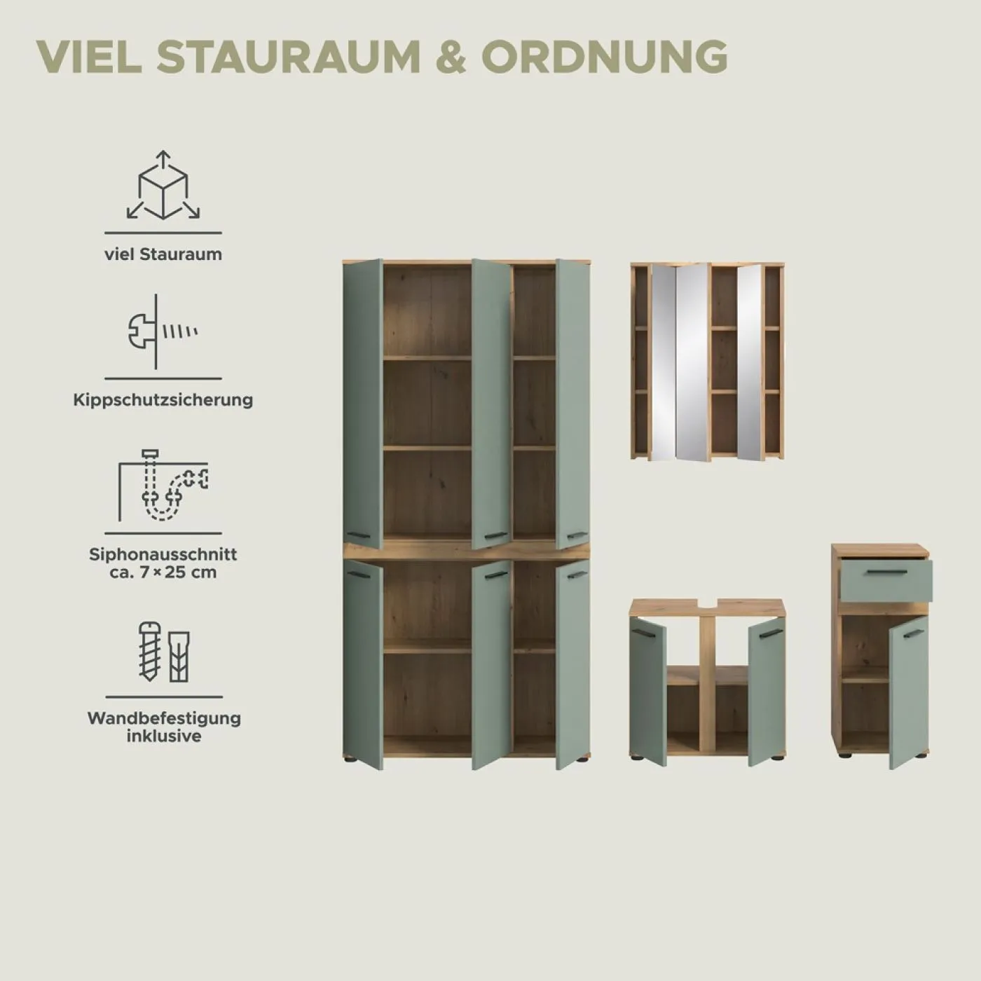 Badezimmer-Set Blake 3 | Salbei / Artisan Eiche | 4-teilig ohne Aufsatzleuchte