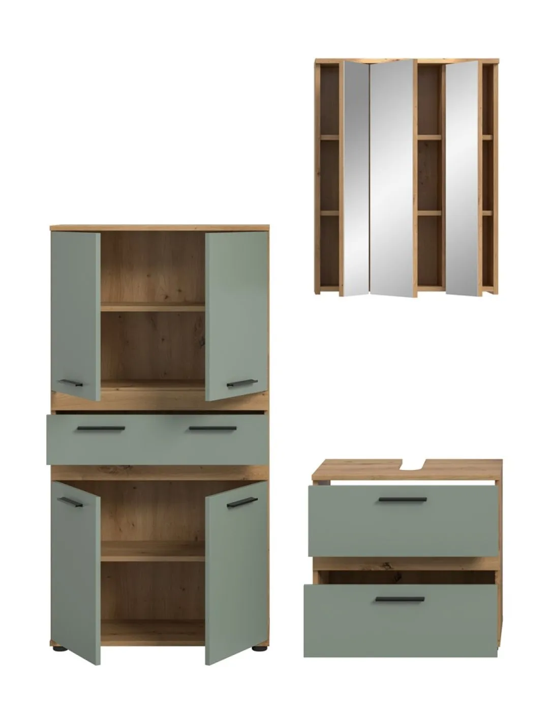 Badezimmer-Set Blake 4 | Salbei / Artisan Eiche | 3-teilig mit LED 1