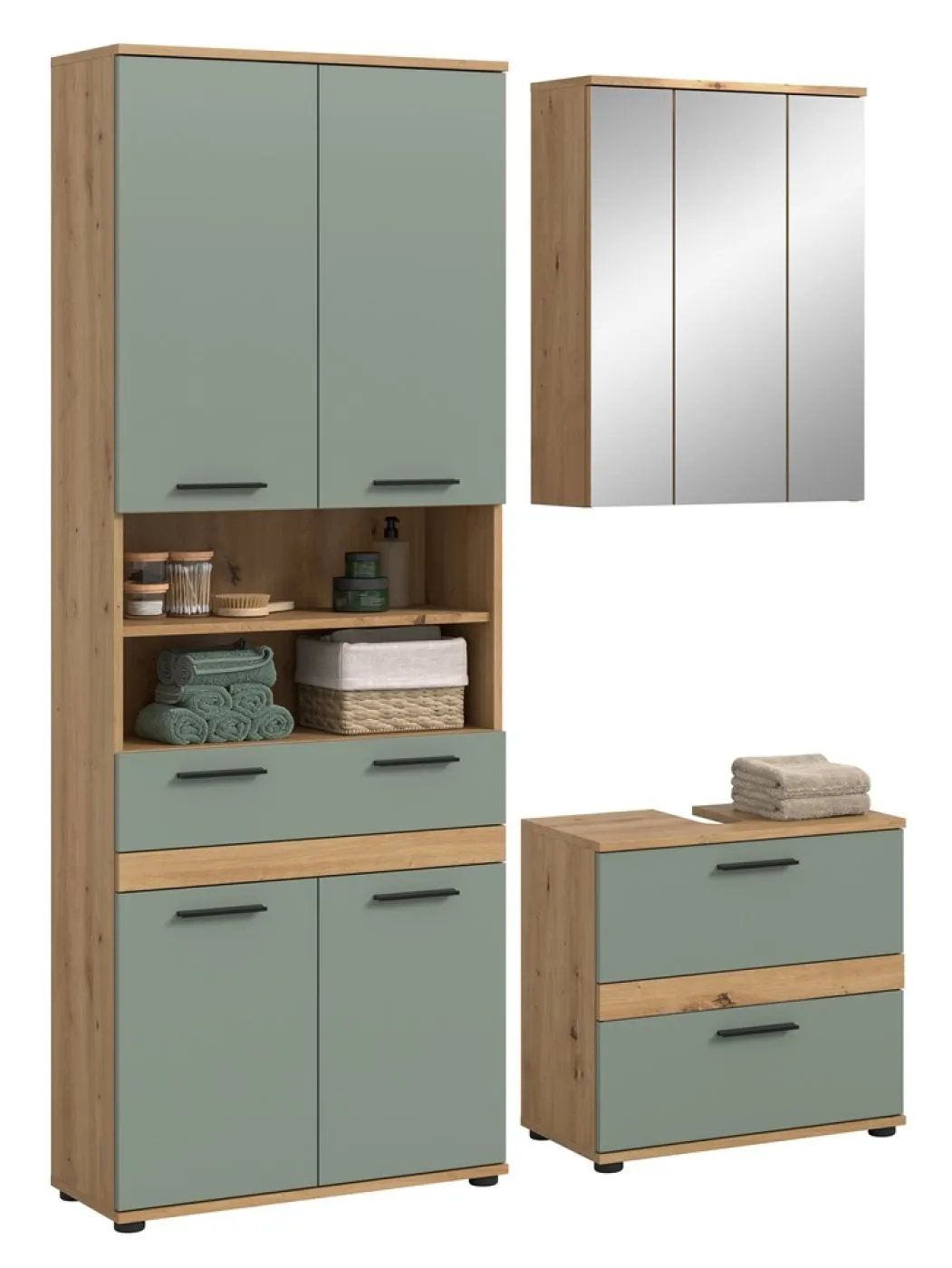 Badezimmer-Set Blake 4 | Salbei / Artisan Eiche | 3-teilig ohne Beleuchtung