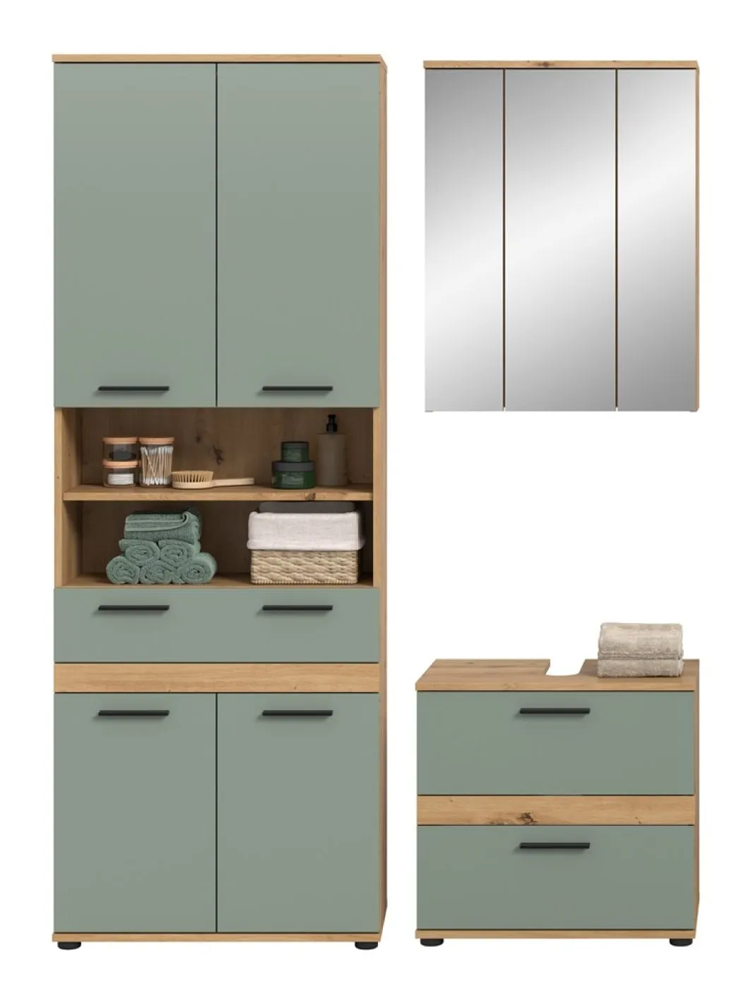 Badezimmer-Set Blake 4 | Salbei / Artisan Eiche | 3-teilig ohne Beleuchtung