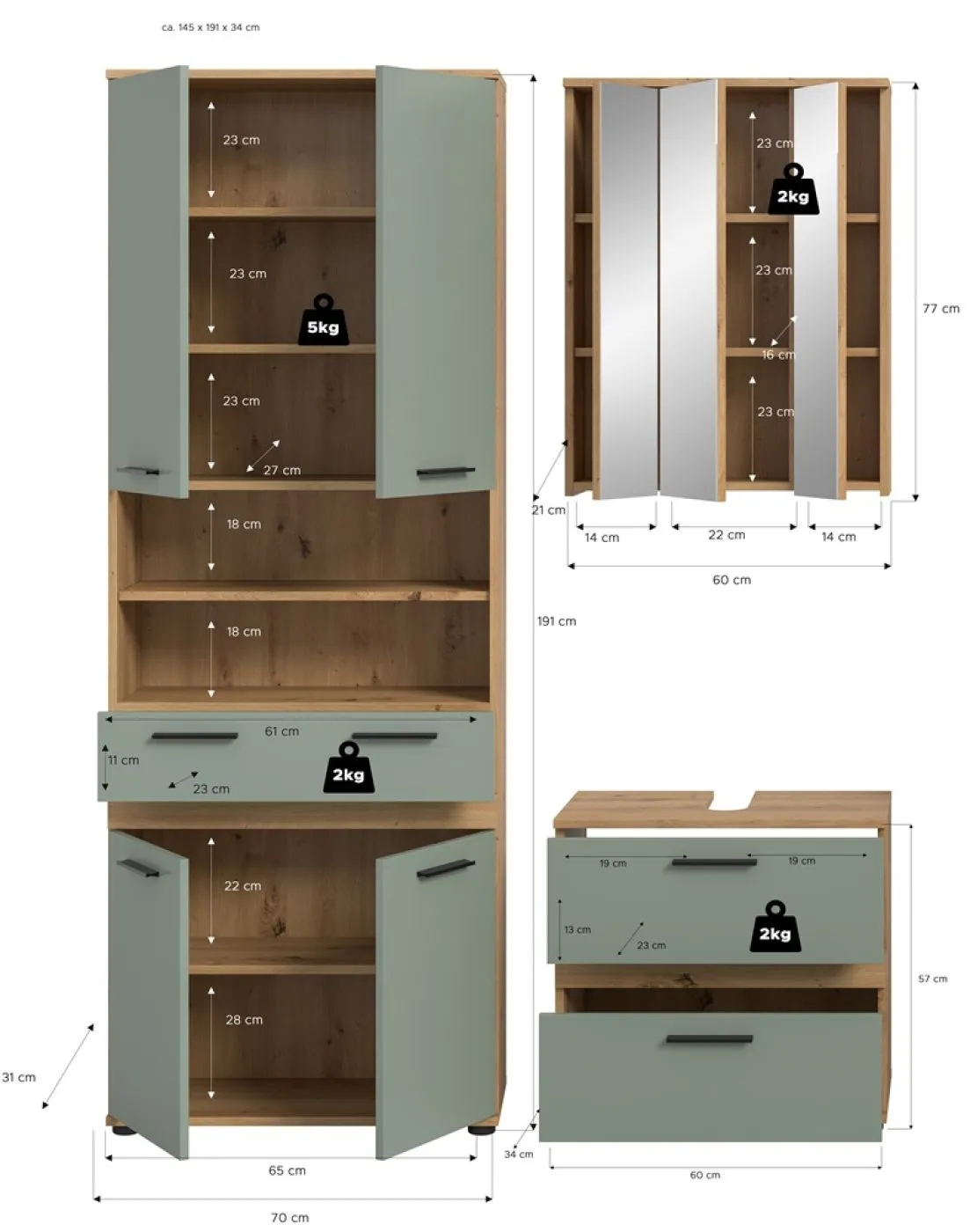 Badezimmer-Set Blake 4 | Salbei / Artisan Eiche | 3-teilig ohne Beleuchtung