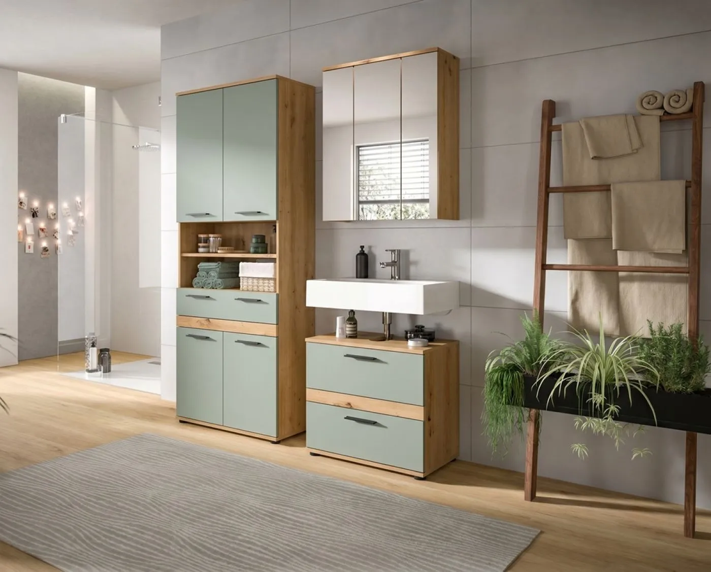 Badezimmer-Set Blake 4 | Salbei / Artisan Eiche | 3-teilig ohne Beleuchtung