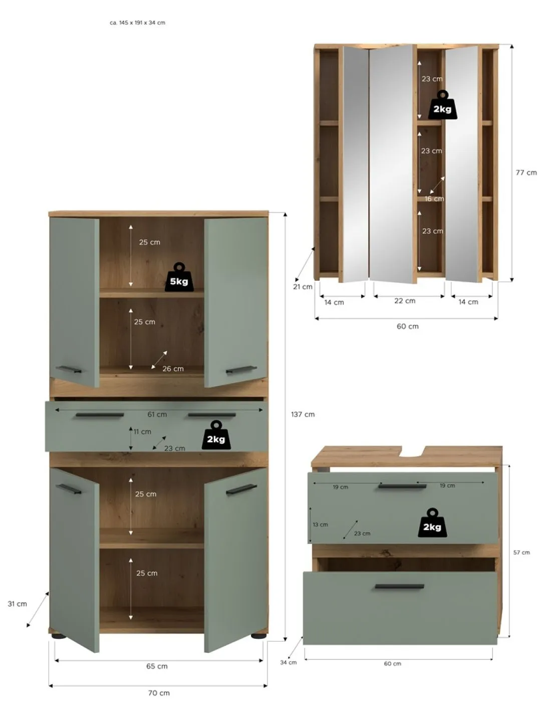 Badezimmer-Set Blake 4 | Salbei / Artisan Eiche | 3-teilig ohne Beleuchtung ohne
