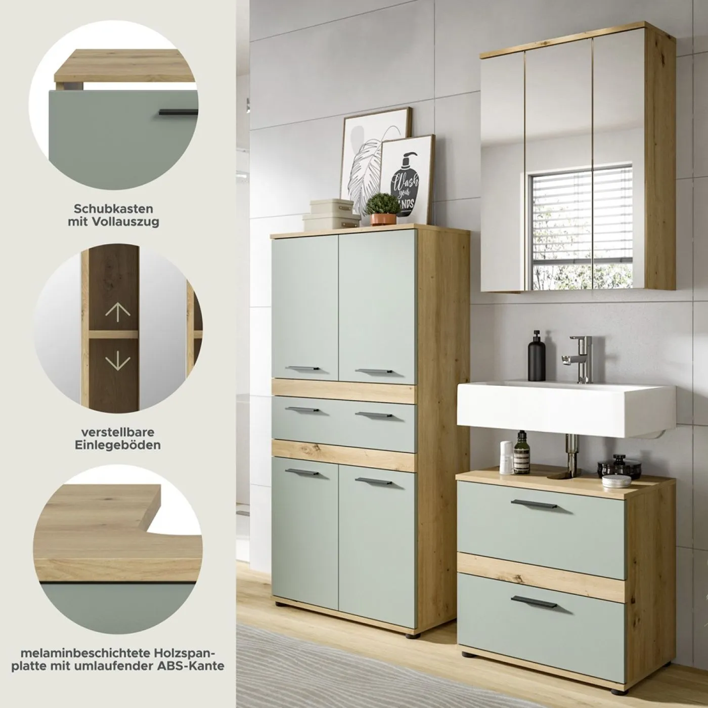 Badezimmer-Set Blake 4 | Salbei / Artisan Eiche | 3-teilig ohne Beleuchtung ohne