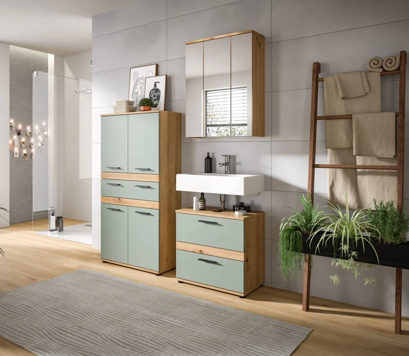 Badezimmer-Set Blake 4 | Salbei / Artisan Eiche | 3-teilig ohne Beleuchtung ohne