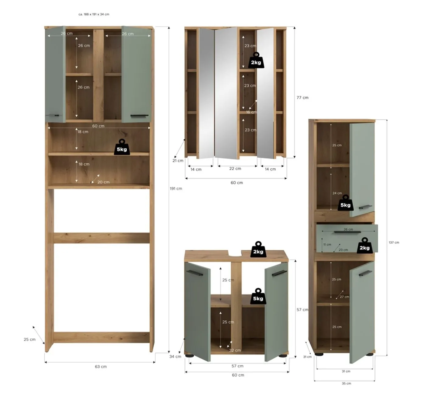 Badezimmer-Set Blake 4 | Salbei / Artisan Eiche | 4-teilig