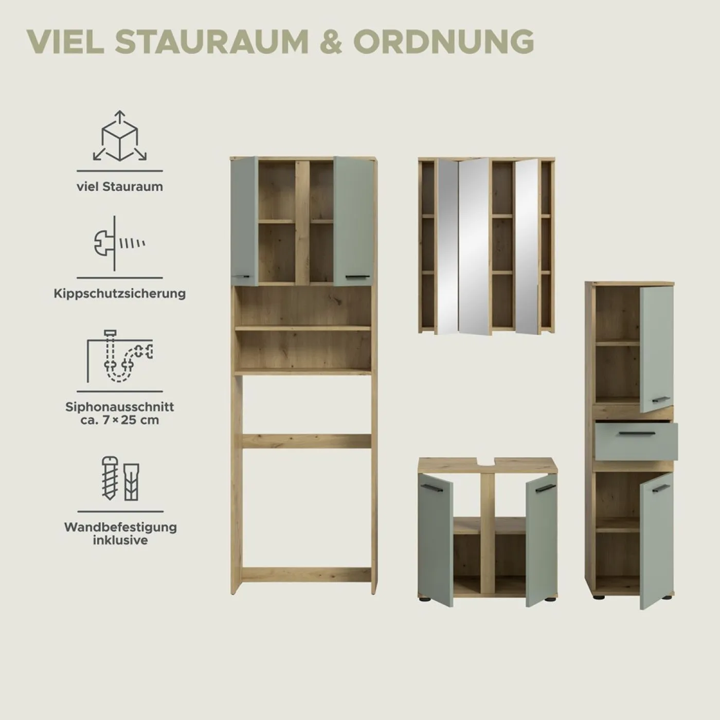 Badezimmer-Set Blake 4 | Salbei / Artisan Eiche | 4-teilig