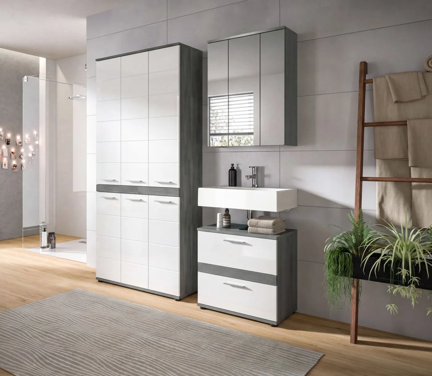 Badezimmer-Set Blake 4 | weiß Hochglanz / rauchsilber | 3-teilig mit LED 1