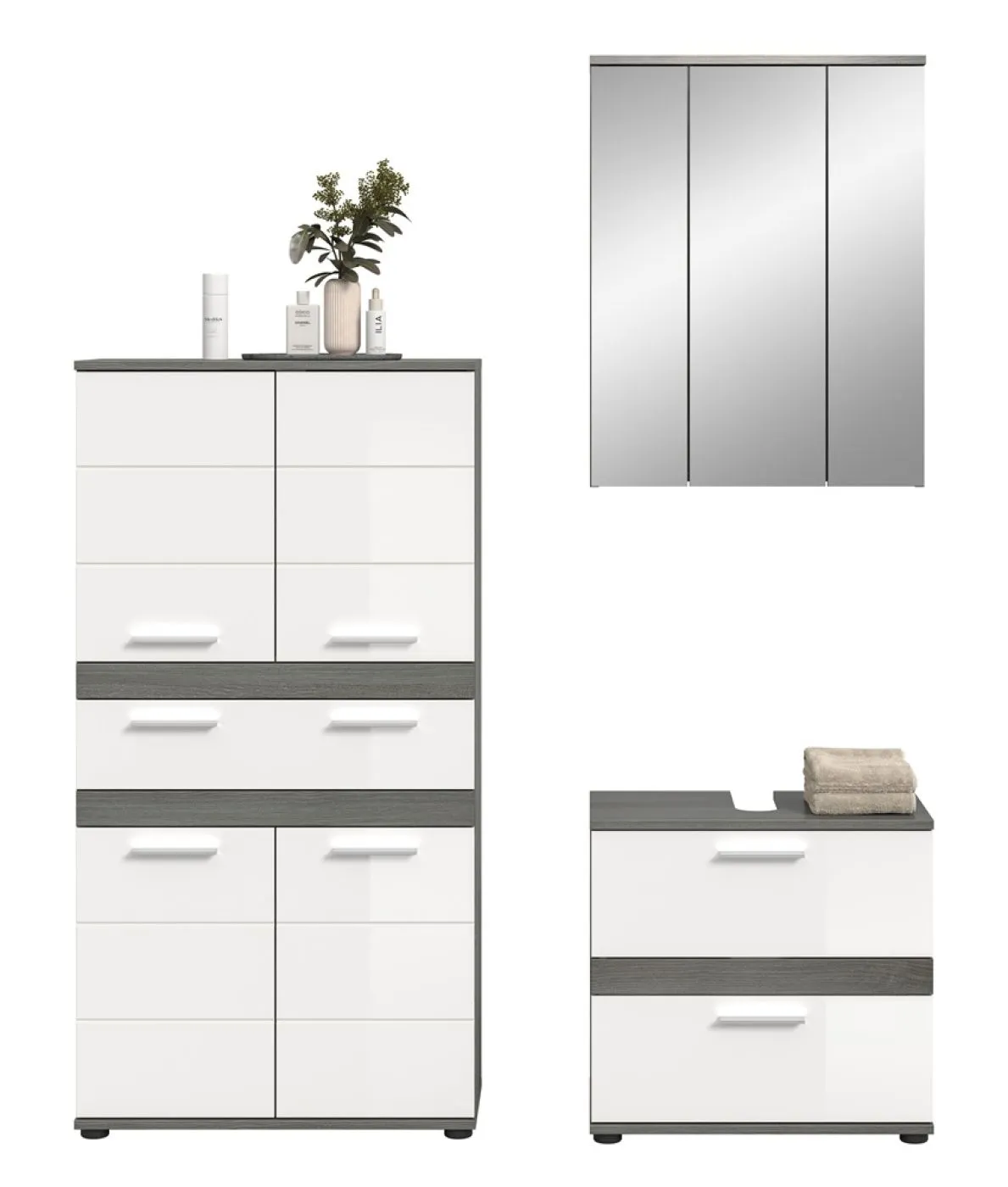Badezimmer-Set Blake 4 | weiß Hochglanz / rauchsilber | 3-teilig mit LED