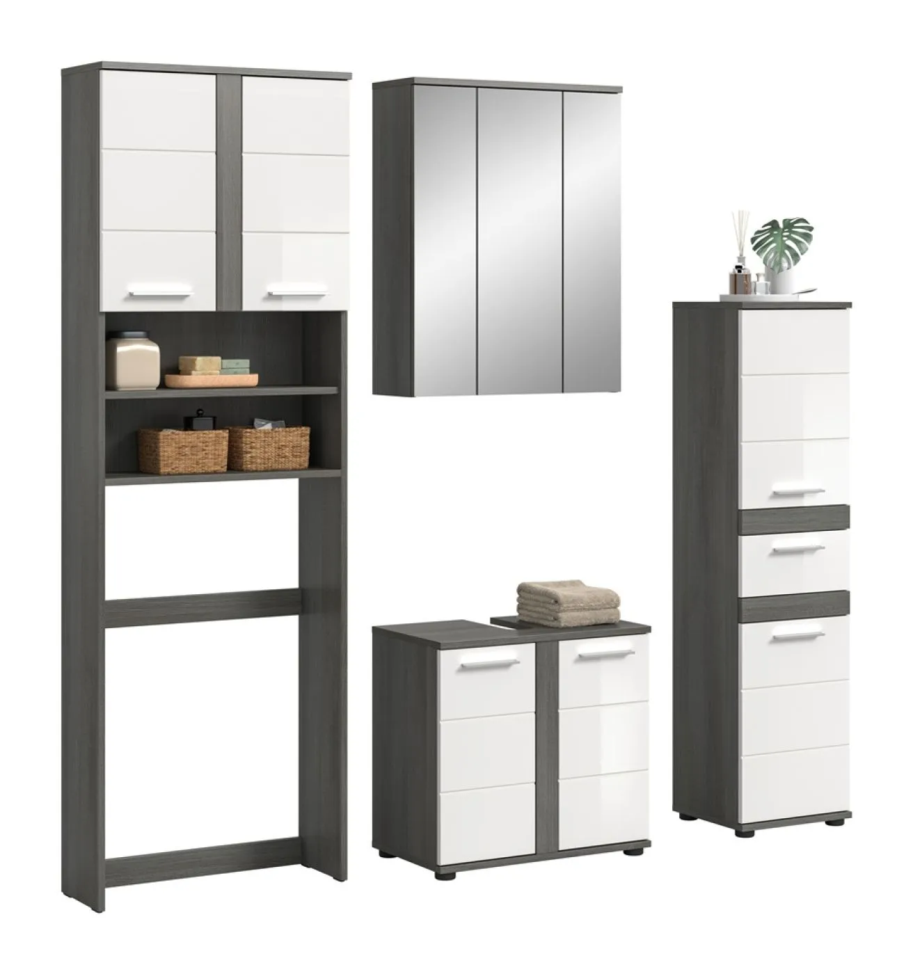 Badezimmer-Set Blake 4 | weiß Hochglanz / rauchsilber | 4-teilig mit Aufsatzleuchte