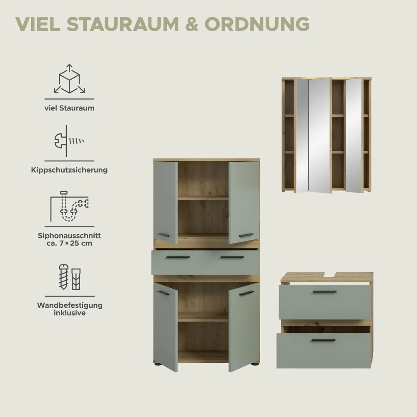 Badezimmer-Set Blake 4a | Salbei / Artisan Eiche | 3-teilig