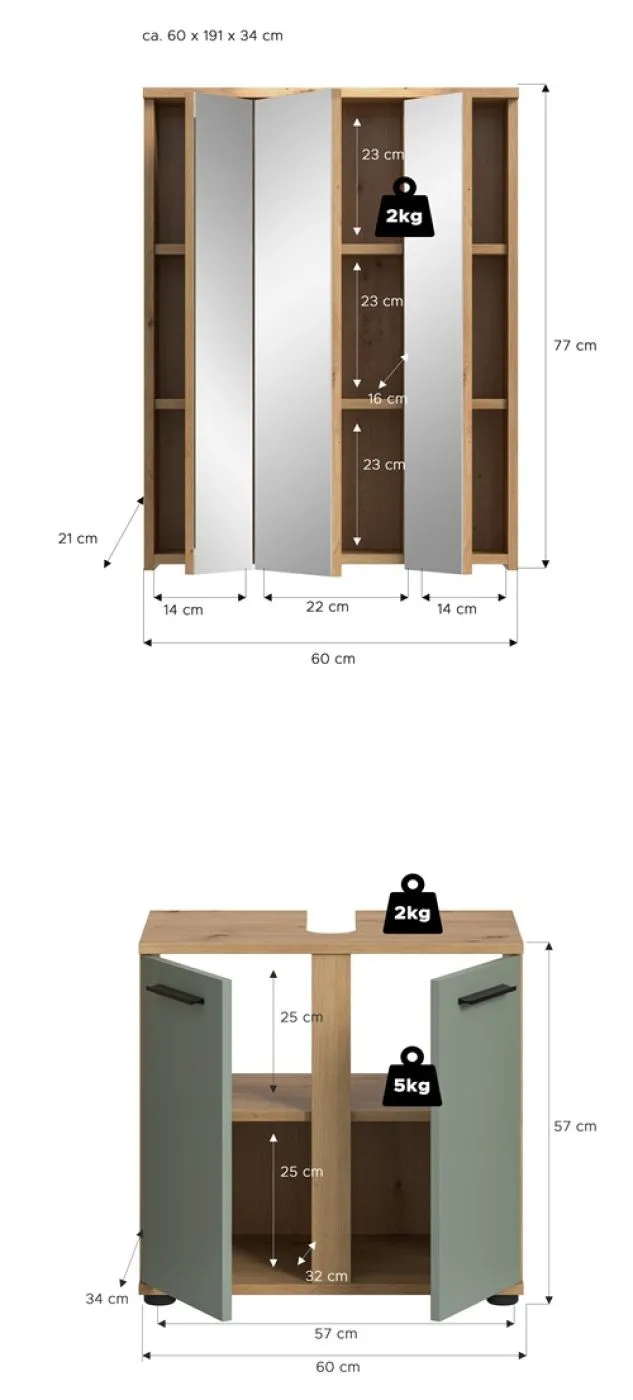 Badezimmer-Set Blake | Salbei / Artisan Eiche | 2-teilig mit Aufsatzleuchte