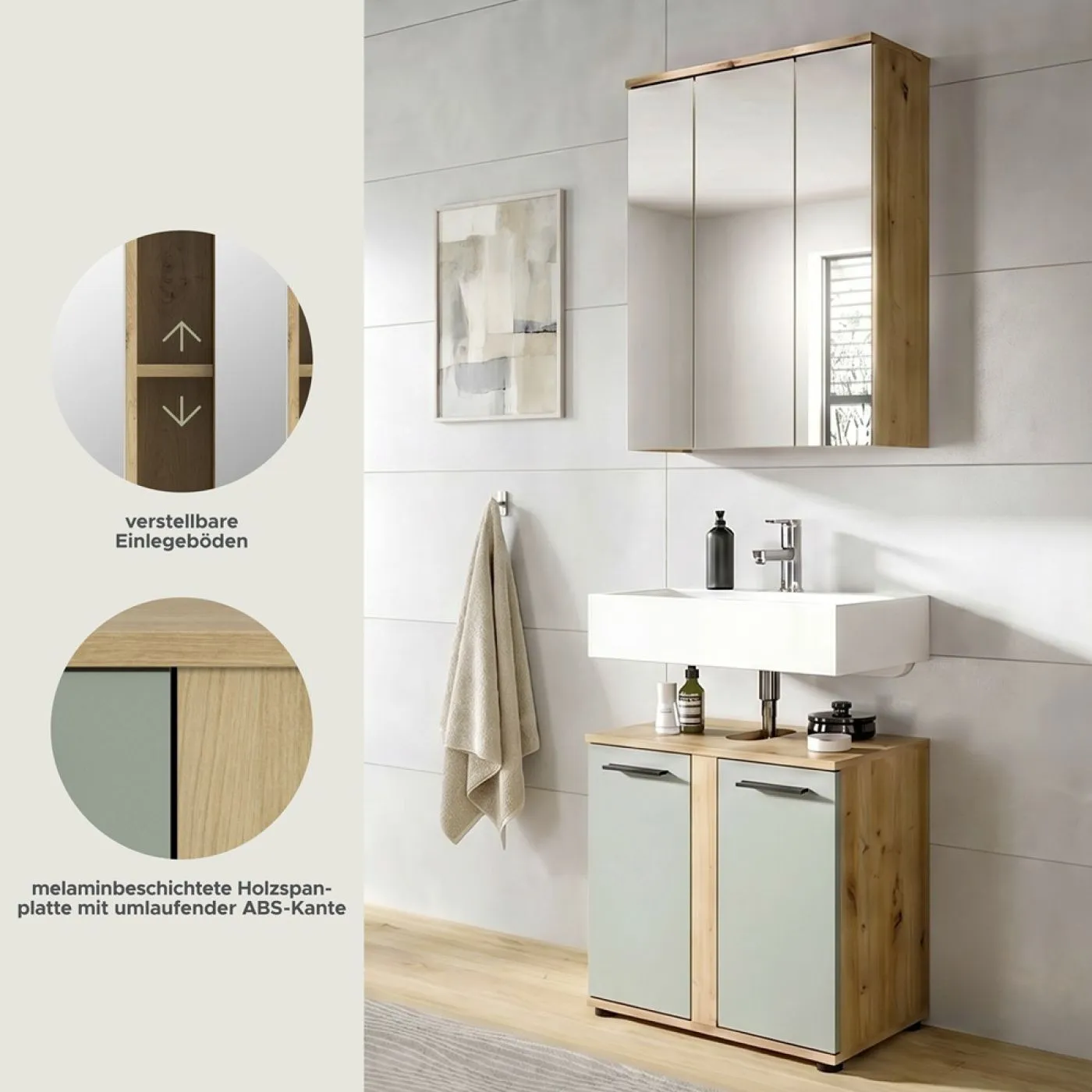 Badezimmer-Set Blake | Salbei / Artisan Eiche | 2-teilig mit Aufsatzleuchte