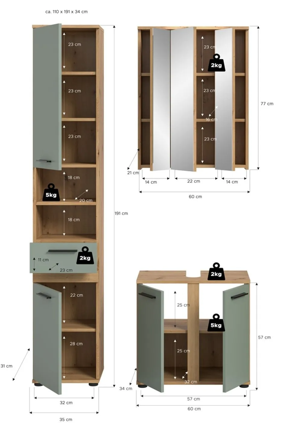 Badezimmer-Set Blake | Salbei / Artisan Eiche | 3-teilig