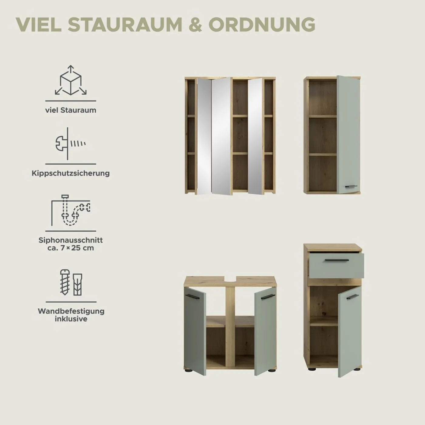 Badezimmer-Set Blake | Salbei / Artisan Eiche | 4-teilig mit Aufsatzleuchte