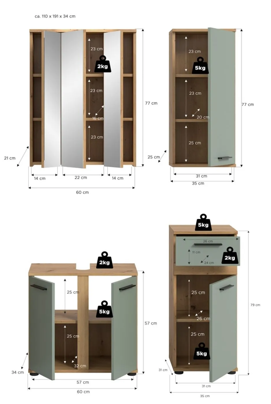 Badezimmer-Set Blake | Salbei / Artisan Eiche | 4-teilig ohne Aufsatzleuchte