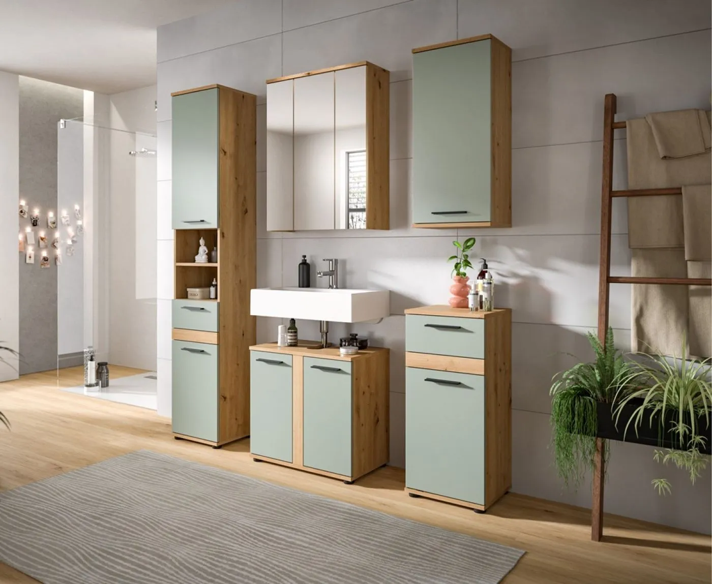 Badezimmer-Set Blake | Salbei / Artisan Eiche | 5-teilig