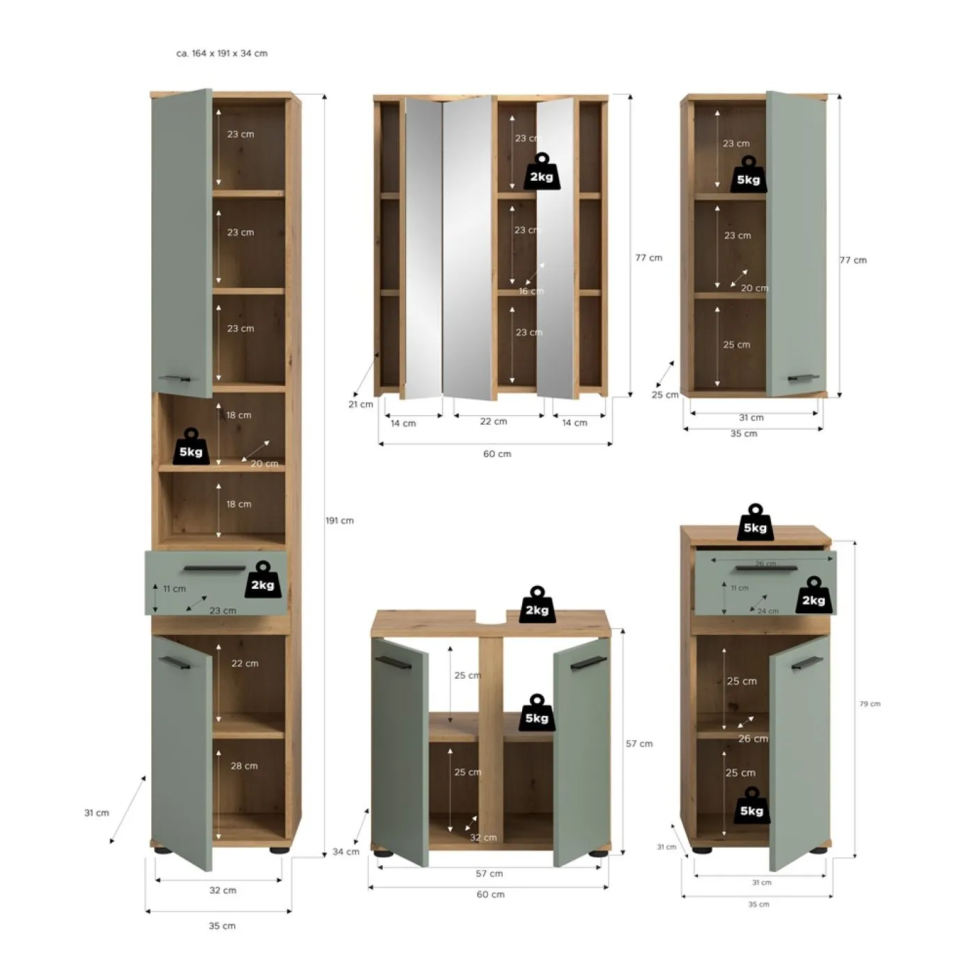 Badezimmer-Set Blake | Salbei / Artisan Eiche | 5-teilig