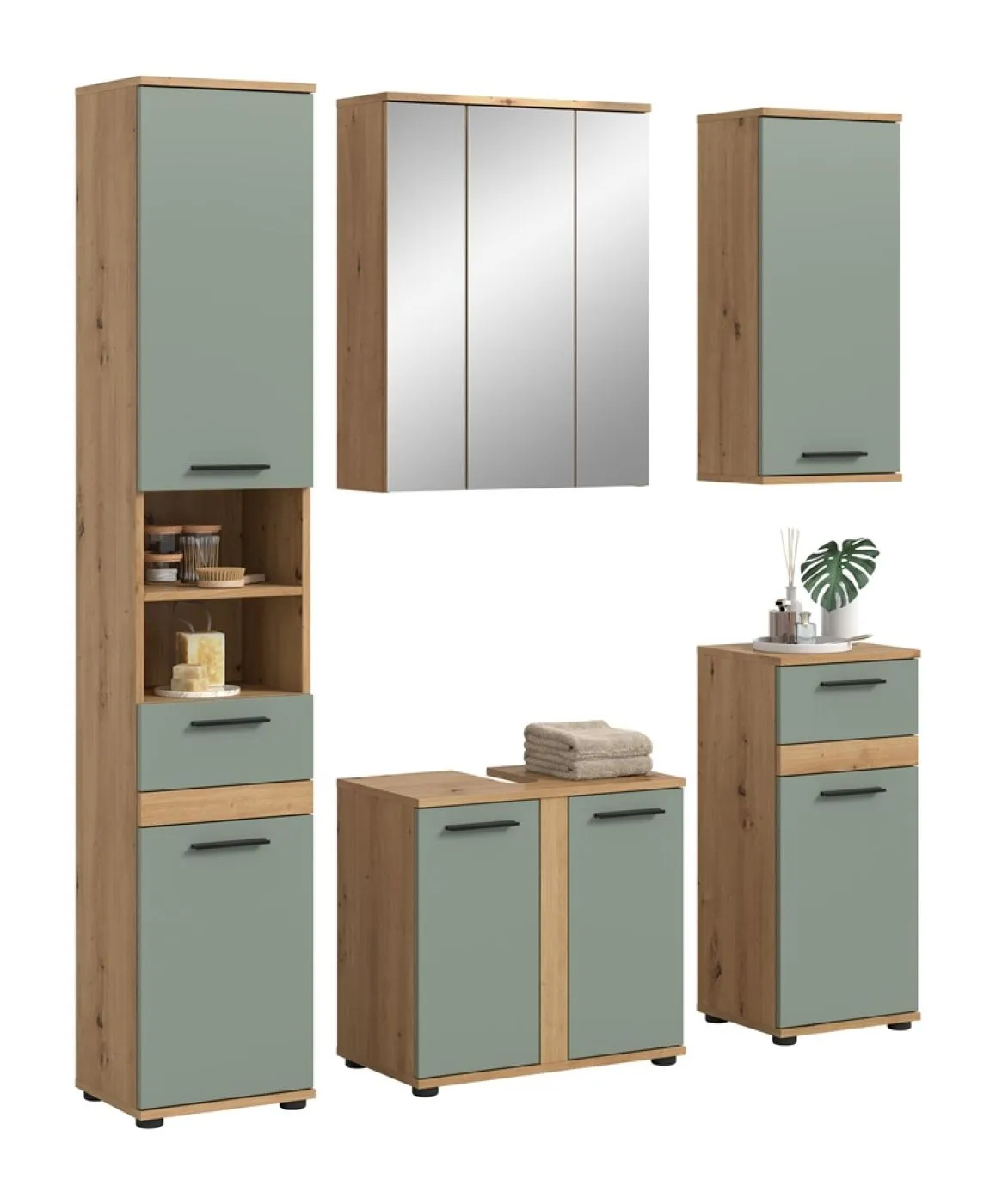 Badezimmer-Set Blake | Salbei / Artisan Eiche | 5-teilig ohne Beleuchtung