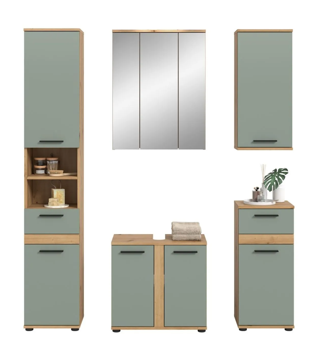 Badezimmer-Set Blake | Salbei / Artisan Eiche | 5-teilig ohne Beleuchtung