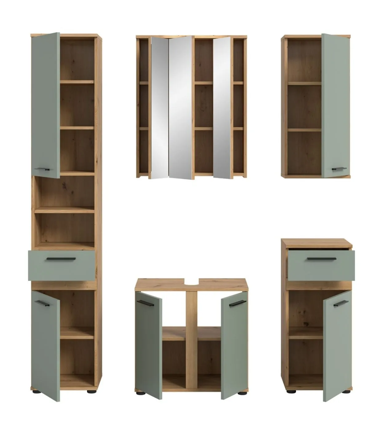 Badezimmer-Set Blake | Salbei / Artisan Eiche | 5-teilig ohne Beleuchtung